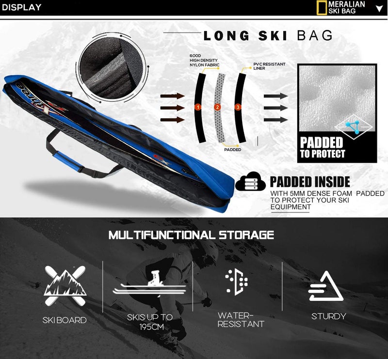 MERALIAN Padded Ski Bag,Waterproof Full Padded Single Ski Travel Bag with Adjustable Shoulder Strap. (BLUE, 185CM) - Image 4